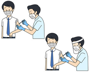 男性にワクチン接種をする医師、看護師（半袖）