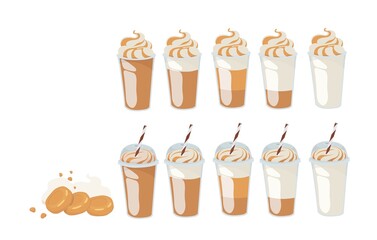 Caramel milkshake. Cappuccino. Latte. Irish cream coffee. Ice cream, milkshake, cocktail. Whipped foam. Caramel topping. Plastic cup with plastic lid and tube.