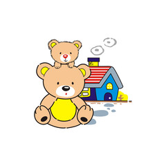 cartoon bear relaxing in front of his house