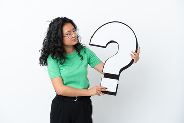 Young asian woman isolated on white background holding a question mark icon