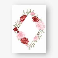 floral frame rhombus with watercolor flowers red and pink