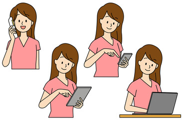 電話や端末で予約をする女性