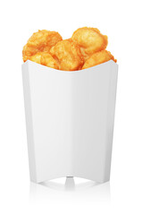 Chicken nuggets in a white paper box isolated on white. 3d rendering.