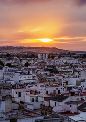 Fototapeta na wymiar Skyline at sunset seen from the Metropol Parasol at La Encarnacion Square, Seville, Andalusia, Spain