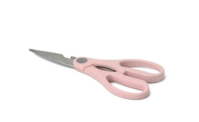 kitchen scissors with plastic handle and opener on white background