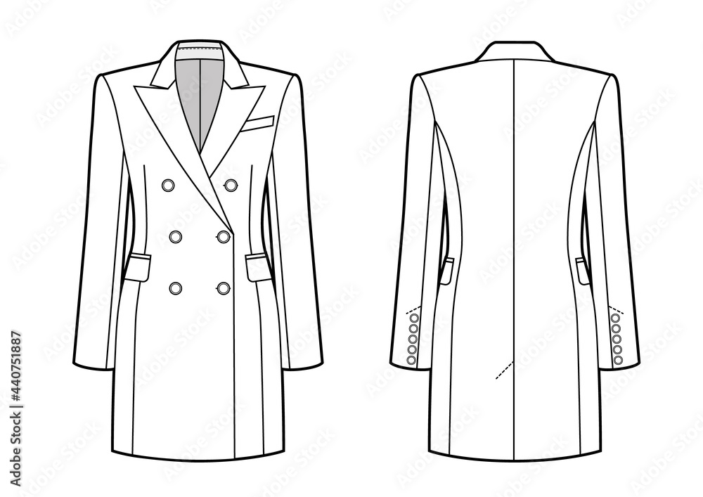 Sticker Womans jacket dress with wide shoulders. Technikal sketch