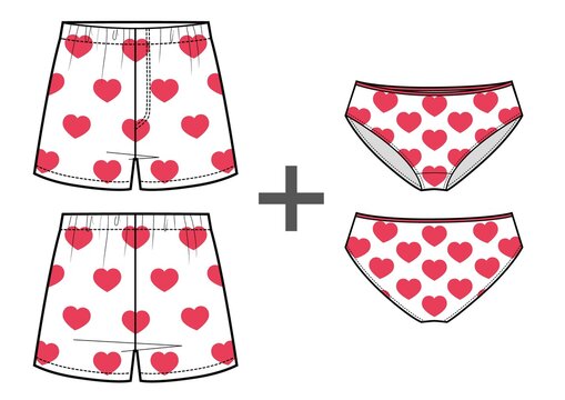 Set Of Men S And Women S Underwear With Hears Print.