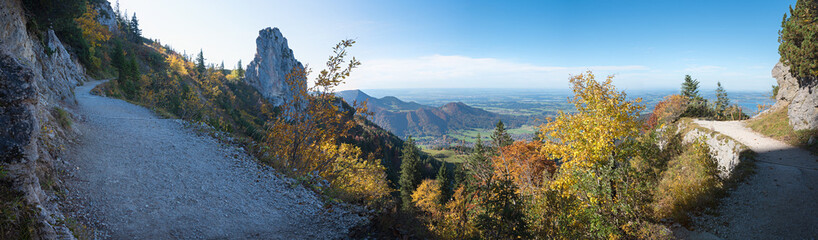 hiking trail to Kampenwand mountain, panorama landscape. Morning scenery in autumn