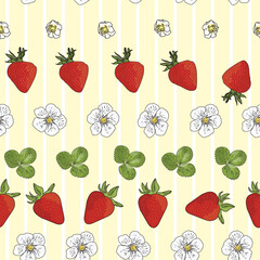 Vector pastel yellow background garden strawberries, berry flowers, berries fruits. Seamless pattern background