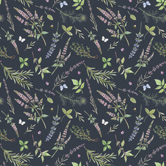 Beautiful seamless floral pattern with hand drawn watercolor gentle mint flowers and other herbs. Stock illuistration.