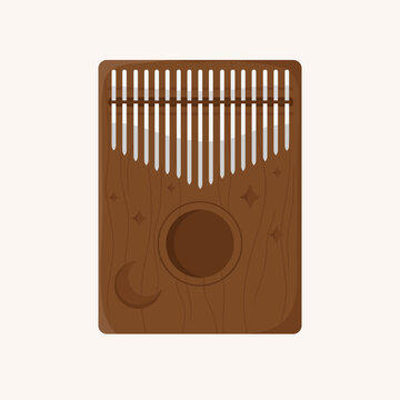 Kalimba. Mbira or thumb piano. African traditional musical instrument. African folk wooden mbira with carvings of the Moon and stars. Flat cartoon vector illustration. Isolated on white background. 