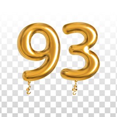 Vector realistic isolated golden balloon number of 93 for invitation decoration on the transparent background. - obrazy, fototapety, plakaty