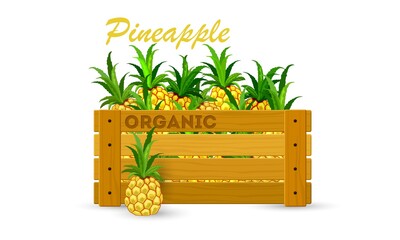 Cartoon of tropical exotic whole pineapple fruit in wooden box. Vector summer food, vitaminized and healthy eating, delicious juicy product. Idea of vegan, grocery, fruit export isolated on white