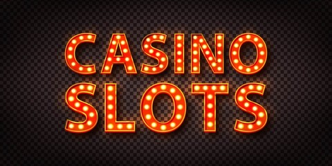 Vector realistic isolated retro marquee billboard with electric light lamps of Casino Slots logo for invitation on the transparent background.