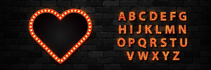 Vector realistic isolated marquee heart lightbox billboard with light bulb neon font for template decoration and invitation covering on the wall background. Concept of broadway and show. - obrazy, fototapety, plakaty