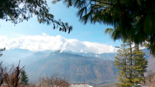 View of the Kullu Valley as seen from the mountain peak at Bijli Mahadev Temple at Kullu in Himachal Pradesh, India