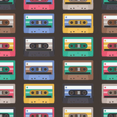 Music cassette background. Audio tape seamless pattern. Texture for fabric, wallpaper, decorative print