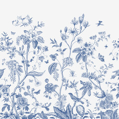 Mural. Bloom. Chinoiserie inspired. Vintage floral illustration. Blue and white - 440754047