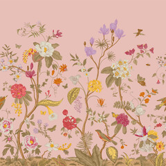 Mural. Bloom. Chinoiserie inspired. Vintage floral illustration. Coral colors - 440754083