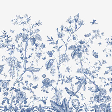 Mural. Bloom. Chinoiserie inspired. Vintage floral illustration. Blue and white © OlgaKorneeva