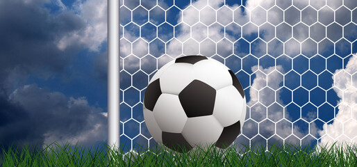 3D-illustration. Goalpost and soccer ball scores a goal. Soccer ball or football net. Vector green background banner. wk, ek supporters game sport 2020, 2021, 2022