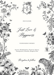Invitation. Bloom. Wedding card. Vintage floral illustration. Black and white - 440754256