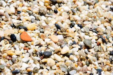 Sea stones of various sizes cover the seaside.  Selective focus multi-colored pebbles on the seashore. Pebble texture. Natural background concept. Surface of the rocky beach.