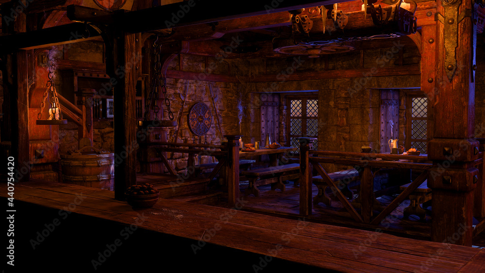Aufkleber 3d rendering of a medieval tavern with tables of food and drink lit by candles seen from behind the 