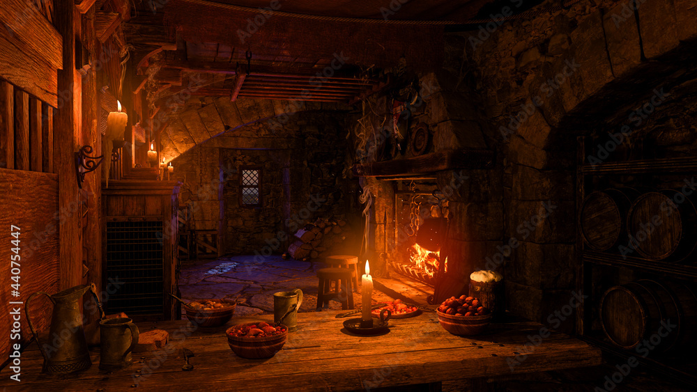 Poster 3d illustration of a candlelit table in an old medieval inn with barrels of ale or wine and an open 
