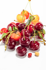 Cherry with leaves in closeup