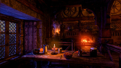 3D illustration of a medieval tavern or inn interior with food and drinks on a table lit by candles and wood fire burning in the background. - obrazy, fototapety, plakaty