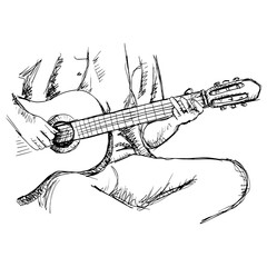 Sketch of man hands playing with guitar.