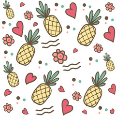 Summertime flower, heart, and pineapple seamless pattern. These design are perfect for greeting cards, textile patterns, stationary, t-shirts, bags, packaging design, and etc.