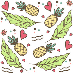 Summertime pineapple and leaves seamless pattern. These design are perfect for greeting cards, textile patterns, stationary, t-shirts, bags, packaging design, bohemian wrapping paper and etc.