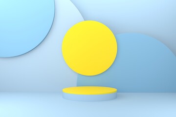 Blue pedestal or podium on pastel Blue background for product demonstration.  3D rendering.