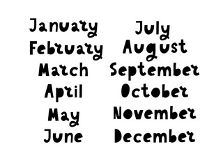 Obraz premium Handwritten names of months: December, January, February, March, April, May, June, July, August, September, October, November. Calligraphy words for calendars and organizers.