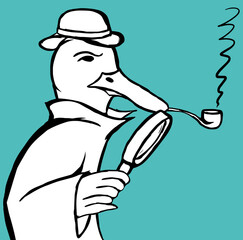 Detective duck with bowler hat, smoking pipe in beak and magnifying glass in wing. Black and white vector illustration.