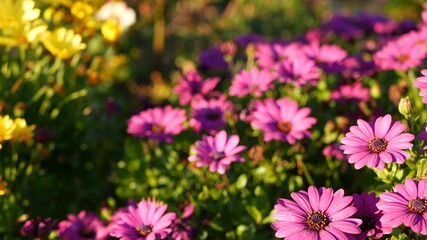 Obraz premium Daisy or marguerite colorful flowers, California USA. Aster or cape marigold multicolor purple violet bloom. Home gardening, american decorative ornamental houseplant, natural botanical atmosphere.