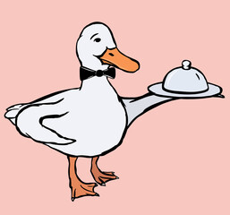 A cute funny duck waiter with a bow tie holding a plate in the wing.