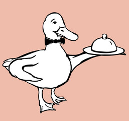 A duck waiter with a bow tie holding a plate in the wing.