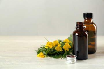 Bottles of celandine tincture and plant on white wooden table, space for text