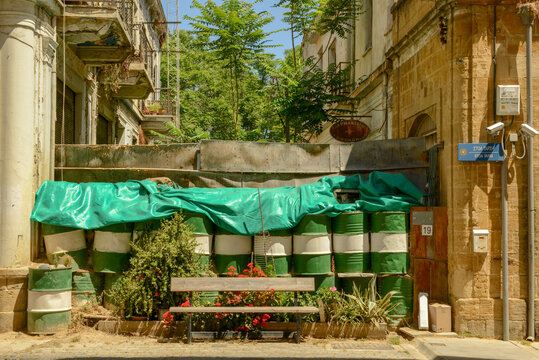 Barrels used as a barrier at the border "Green Line" in Nicosia, Cyprus