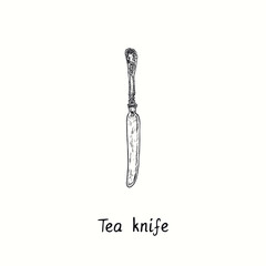 Tea knife with retro style decor. Ink black and white drawing  woodcut vintage style  illustration