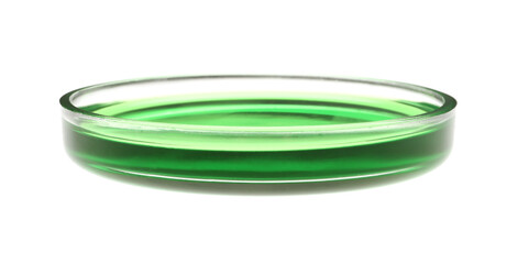 Petri dish with green liquid sample isolated on white