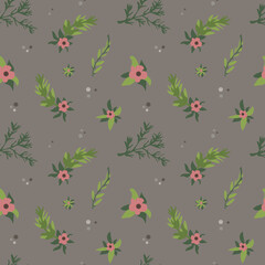 Floral seamless pattern. Wildflower vector textile ornament. Beautiful flat background. Floral wrapping paper. Pink flowers with leaves on grey background.