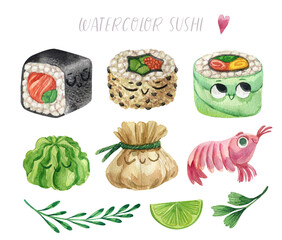 Cute watercolor Delicious sushi. Watercolor illustrations Asian  food of cartoon sushi