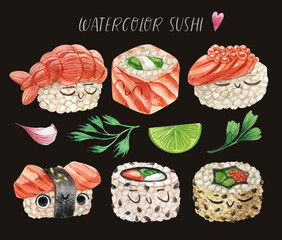 Cute watercolor Delicious sushi. Watercolor illustrations Asian  food of cartoon sushi