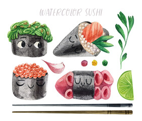 Cute watercolor Delicious sushi. Watercolor illustrations Asian  food of cartoon sushi