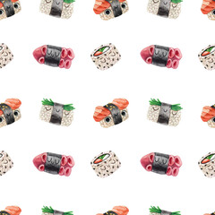 Cute Cartoon Sushi and roll repeating seamless pattern. Watercolor