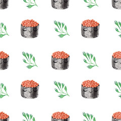Cute Cartoon Sushi and roll repeating seamless pattern. Watercolor